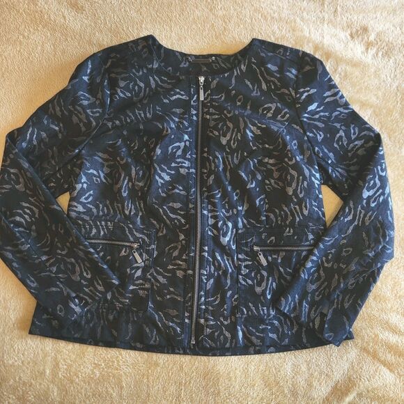 Dana Buchman Blk Denim Jacket Exotic Metallic Animal Print O-Neck Womens Sz 14 - Picture 1 of 8